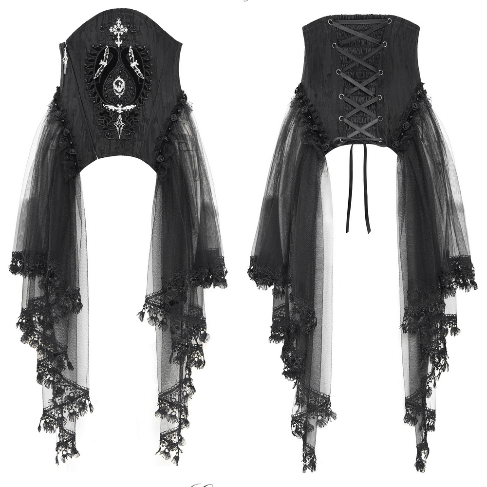 Dark Elegance Underbust Corset with Tulle and Lace, featuring a haunting gothic design and delicate lace overlay.