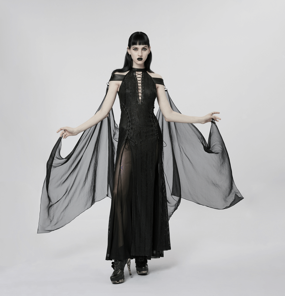 Dark Enchantress Mesh Halter Gown with Cloak, gothic elegance with flowing chiffon and seductive details.