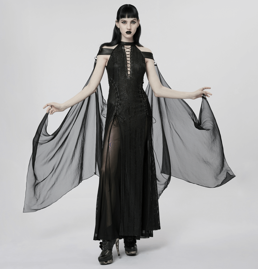 Dark Enchantress Mesh Halter Gown with Cloak, gothic elegance with flowing chiffon and seductive details.
