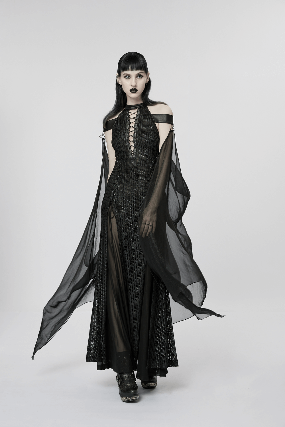 Dark Enchantress Mesh Halter Gown with Cloak, featuring a deep V and high leg slit, embodying gothic elegance.