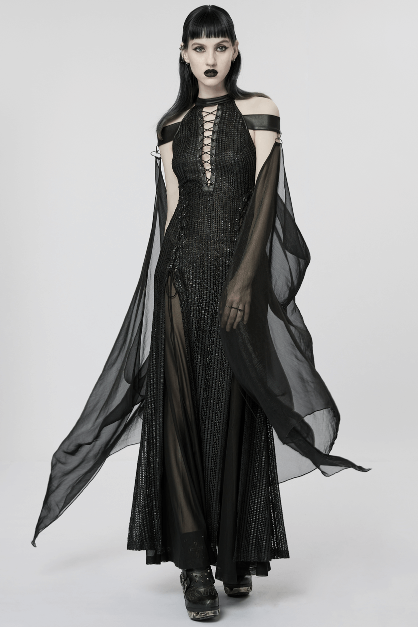 Dark Enchantress Mesh Halter Gown with Cloak, featuring a deep V and high leg slit, embodying gothic elegance.