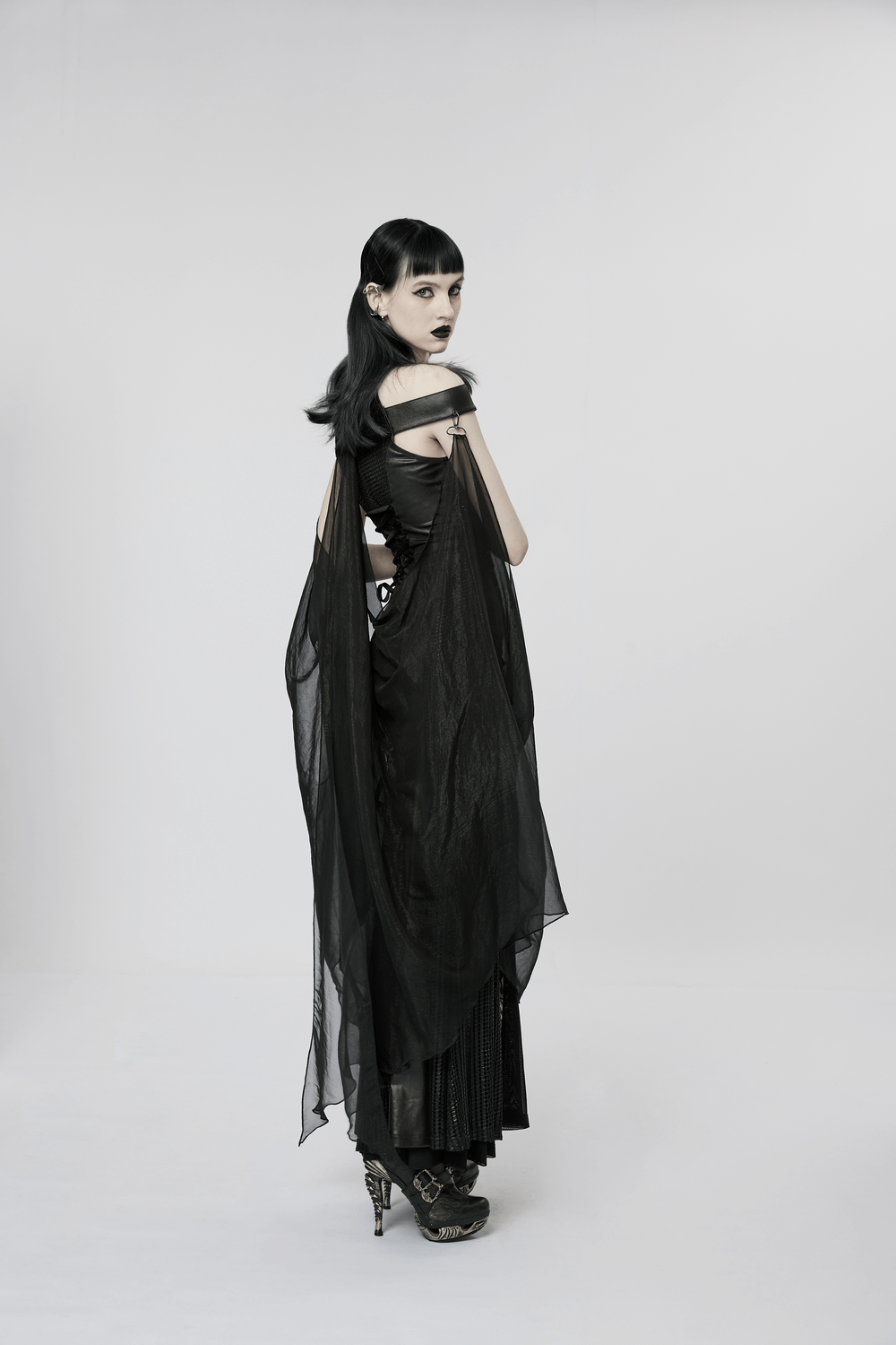 Model wearing the Dark Enchantress Mesh Halter Gown with Cloak, showcasing gothic elegance and mystical allure.