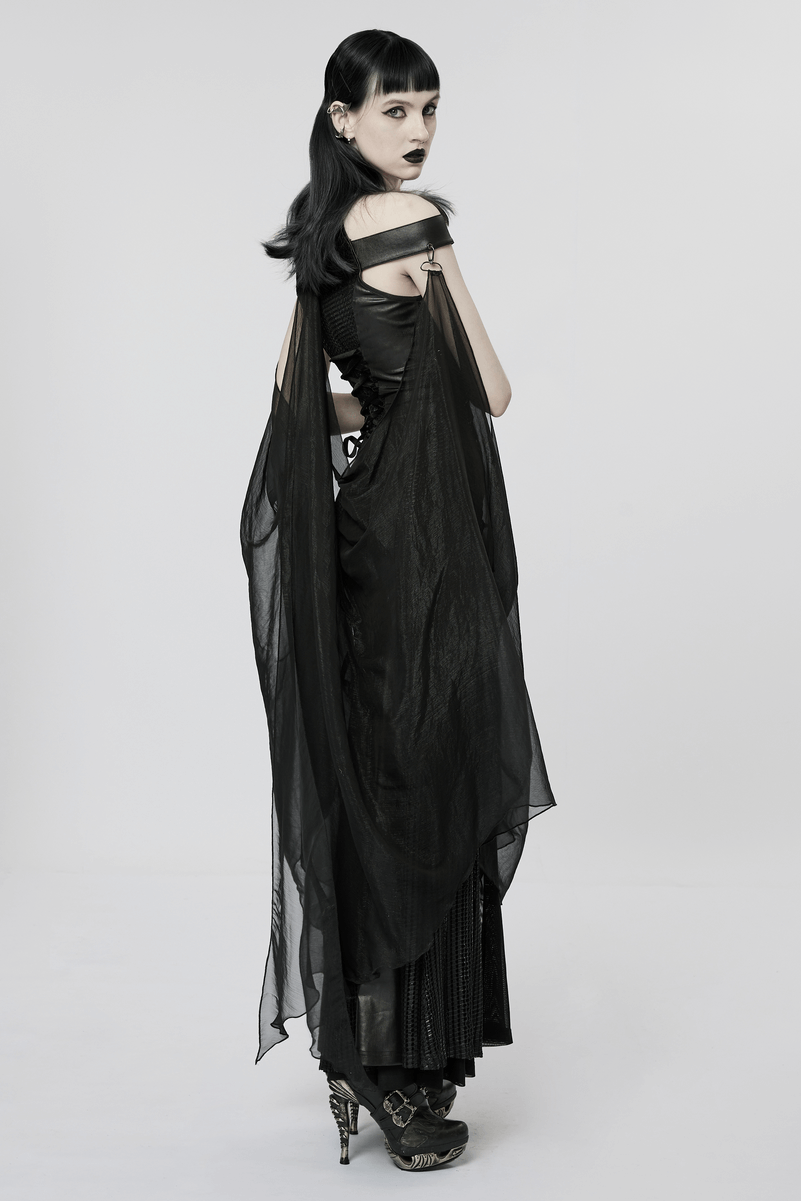 Model wearing the Dark Enchantress Mesh Halter Gown with Cloak, showcasing gothic elegance and mystical allure.