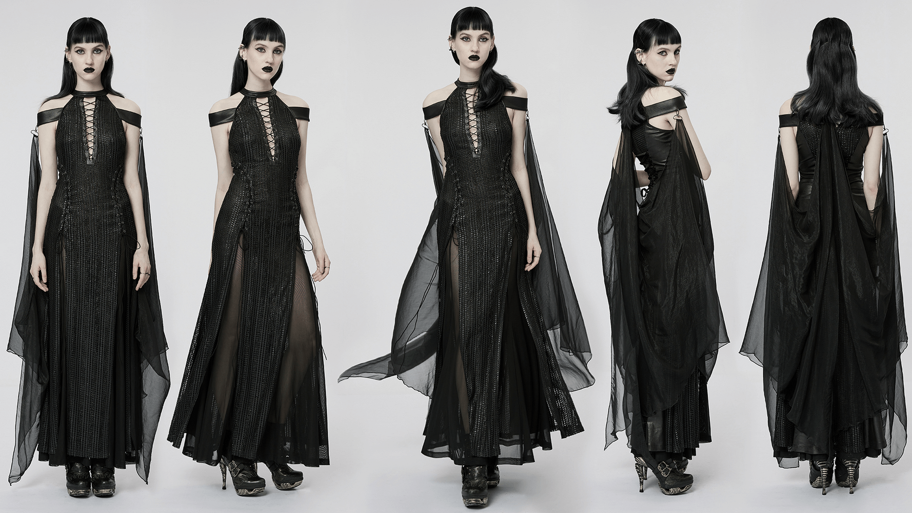 Dark Enchantress Mesh Halter Gown with Cloak showcasing gothic elegance and mystical allure from multiple angles.