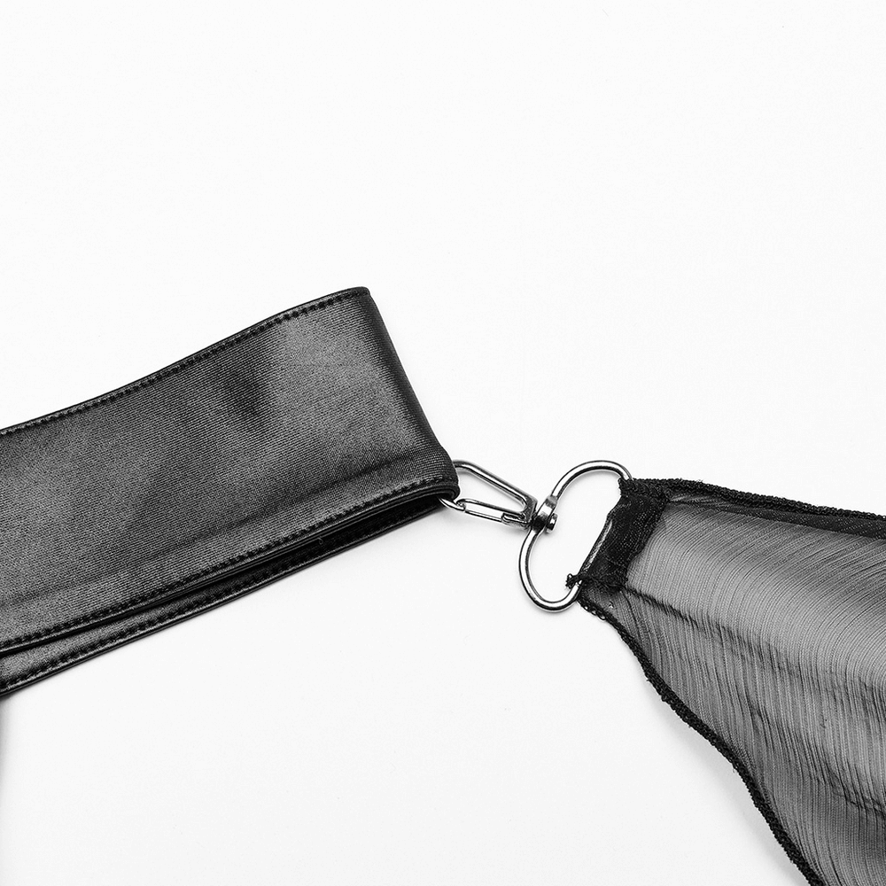 Close-up of the adjustable strap and hook of the Dark Enchantress Mesh Halter Gown, showcasing its sleek design.