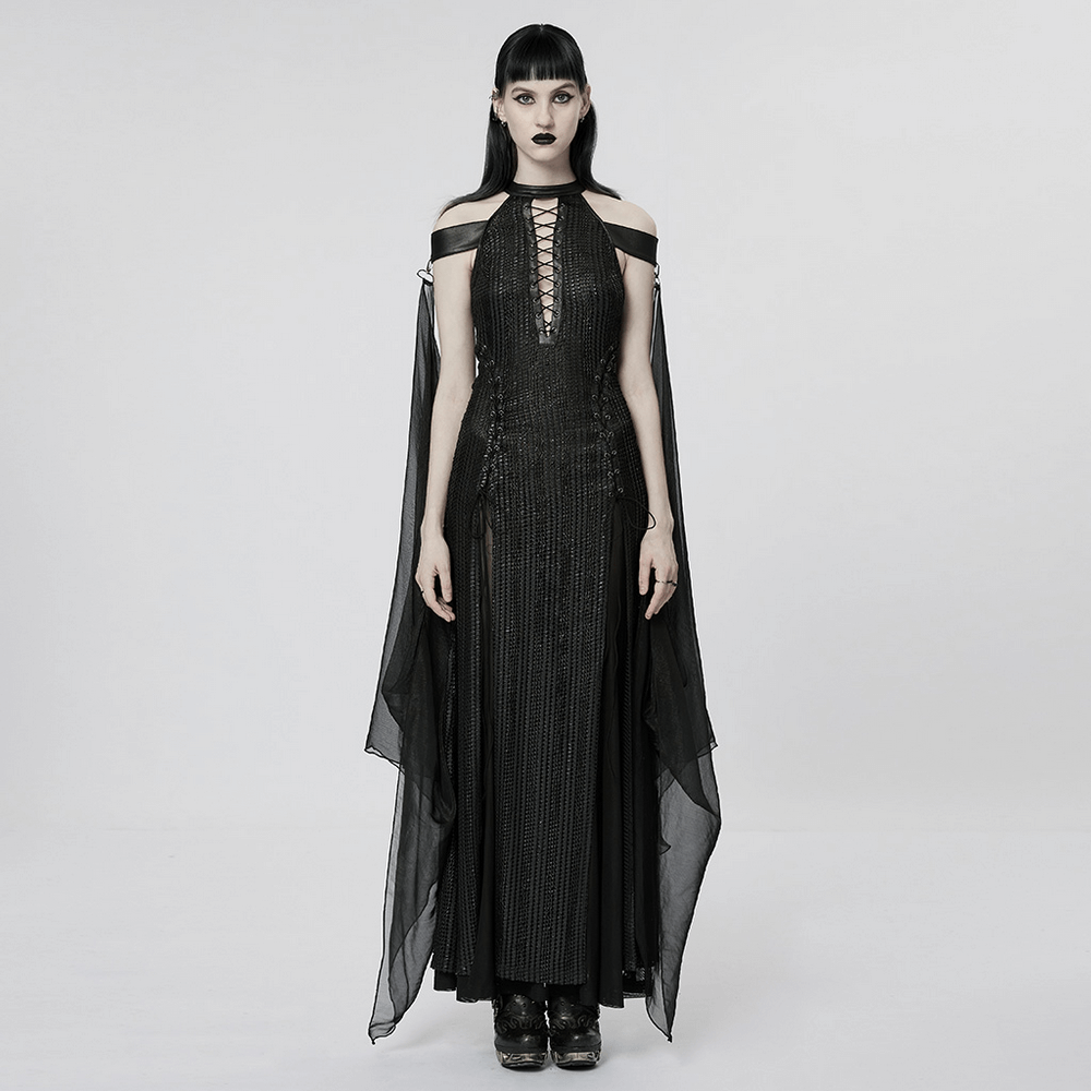 Dark Enchantress Mesh Halter Gown with Cloak, showcasing gothic elegance and mystical allure.