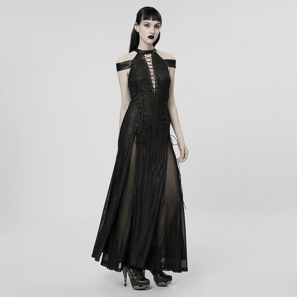 Dark Enchantress Mesh Halter Gown with Cloak, featuring a seductive deep V and flowing chiffon layers.