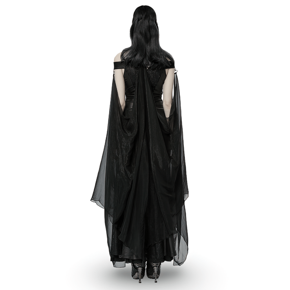Back view of the Dark Enchantress Mesh Halter Gown with flowing black cloak, showcasing gothic elegance and enchantment.