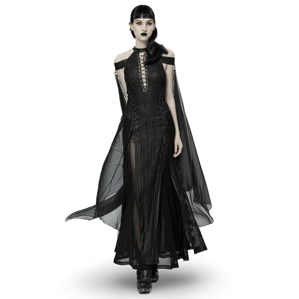 Model wearing the Dark Enchantress Mesh Halter Gown with Cloak, showcasing gothic elegance and mystical allure.