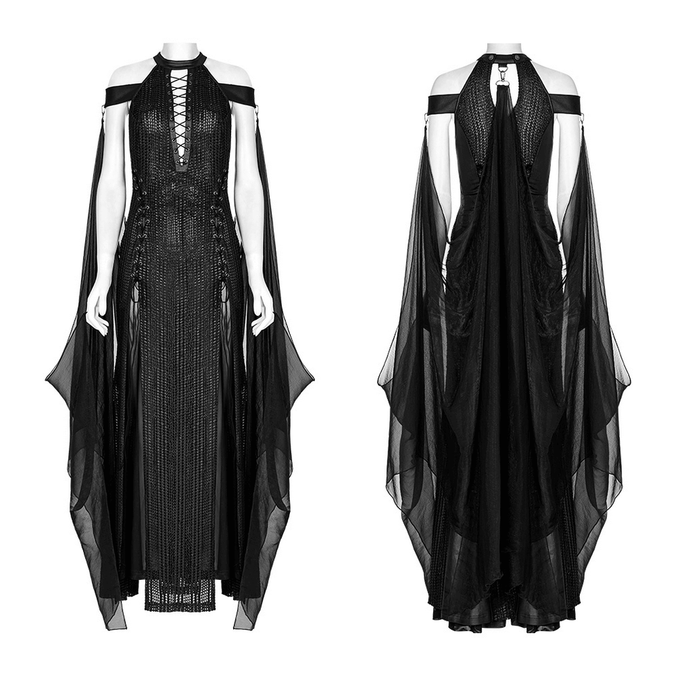 Dark Enchantress Mesh Halter Gown with Cloak, featuring gothic elegance and high leg slit in flowing chiffon.