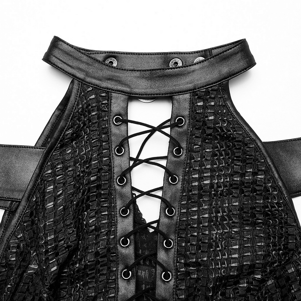Close-up of the back of a Dark Enchantress Mesh Halter Gown showcasing lace-up detail and textured mesh design.