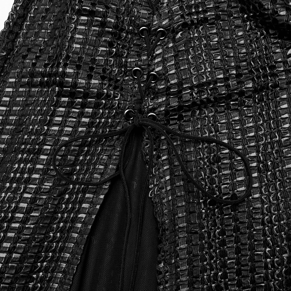 Close-up of the textured mesh detail and lace-up feature of the Dark Enchantress Mesh Halter Gown.