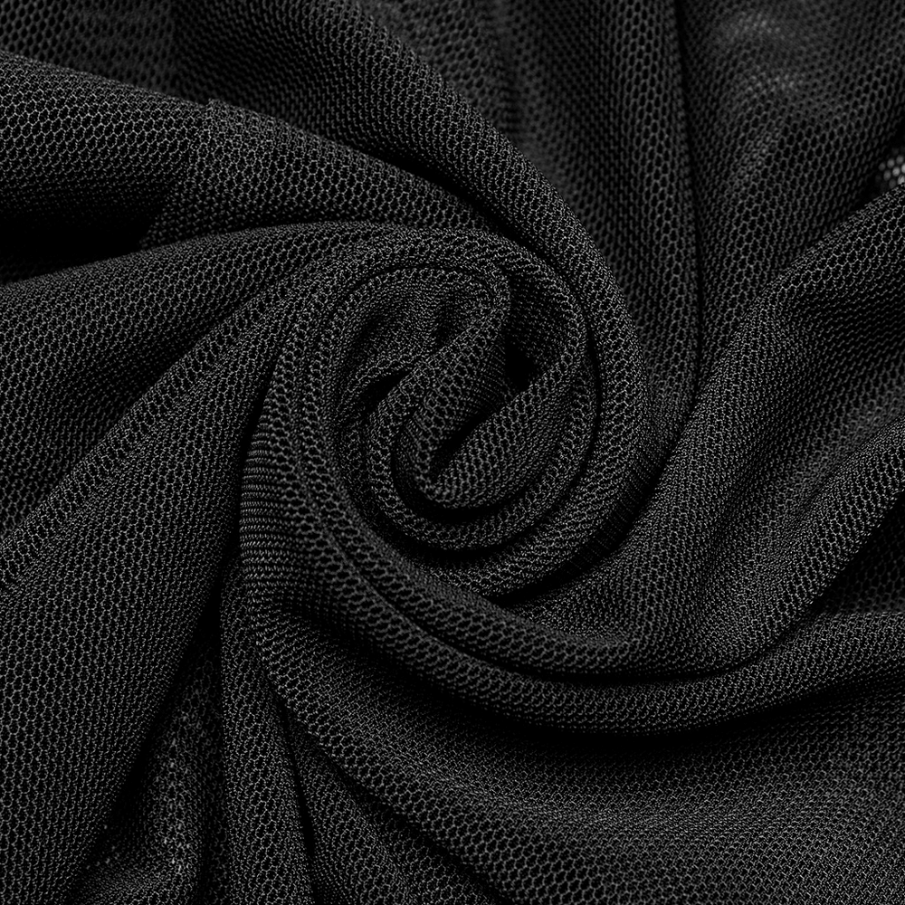 Close-up of textured black mesh fabric, perfect for gothic and enchanted designs in dresses.