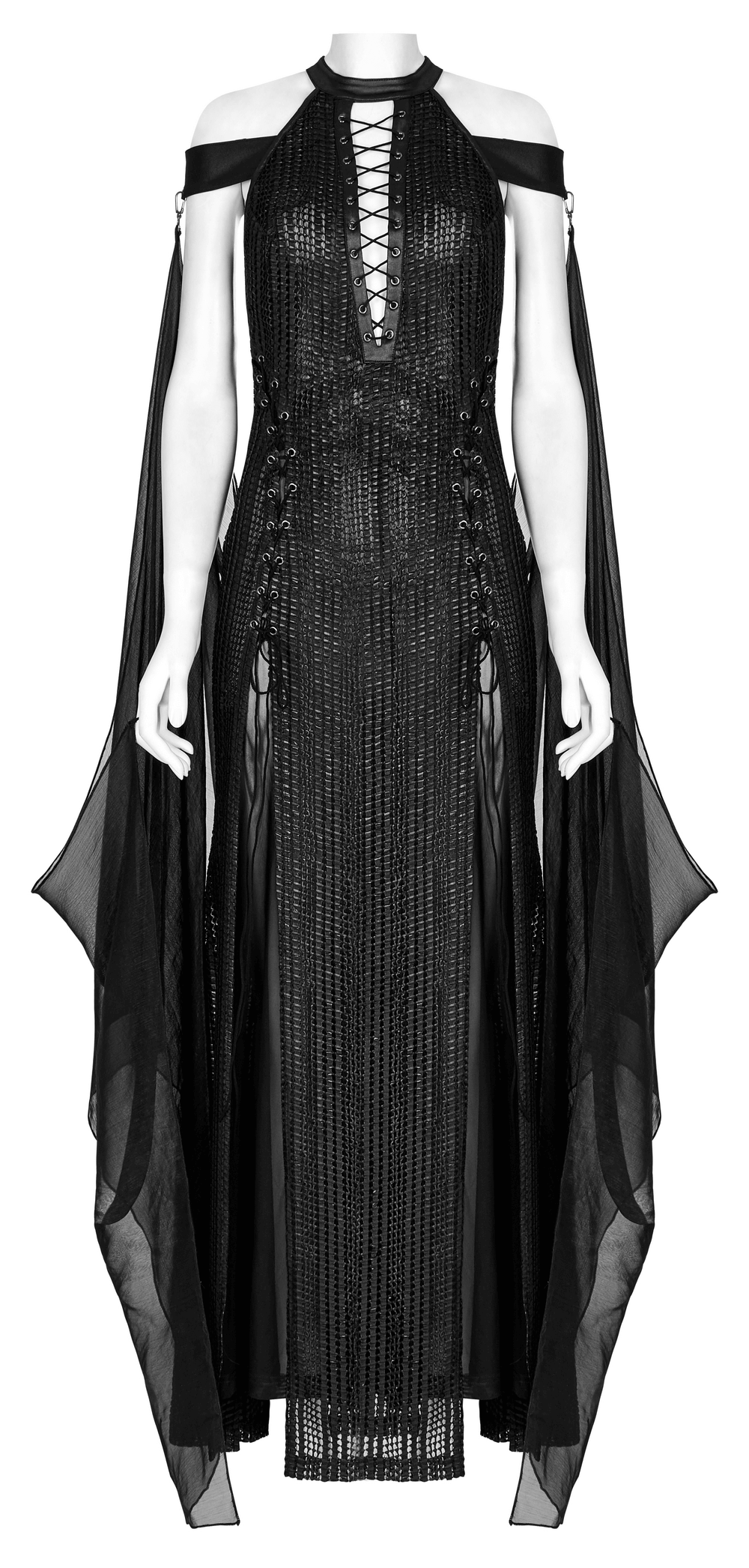 Dark Enchantress Mesh Halter Gown with cloak in black, showcasing gothic elegance and fairy-tale charm.