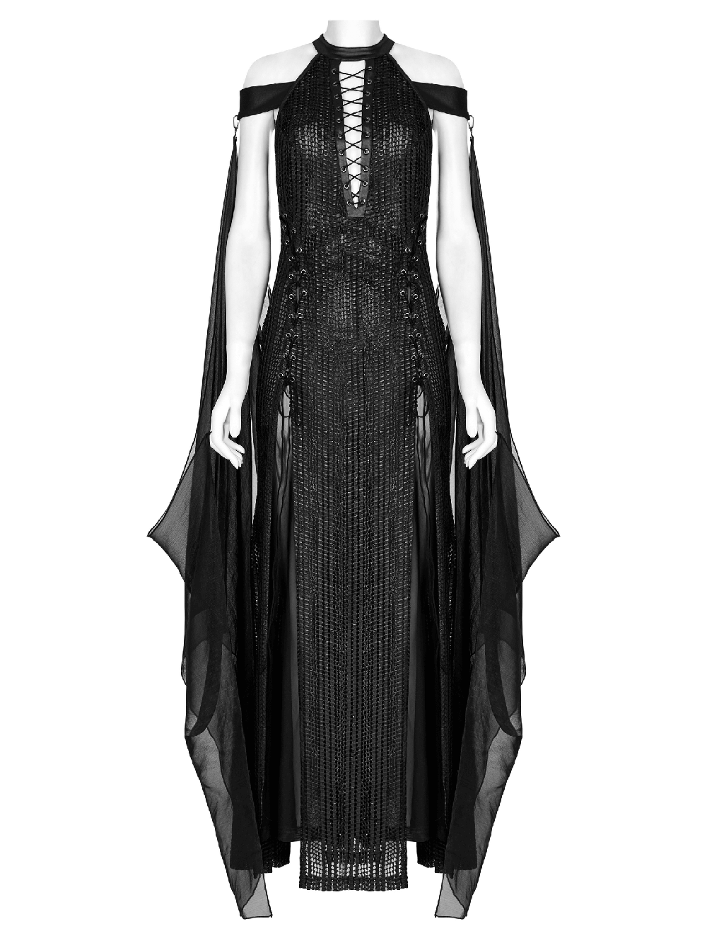 Dark Enchantress Mesh Halter Gown with cloak in black, showcasing gothic elegance and fairy-tale charm.