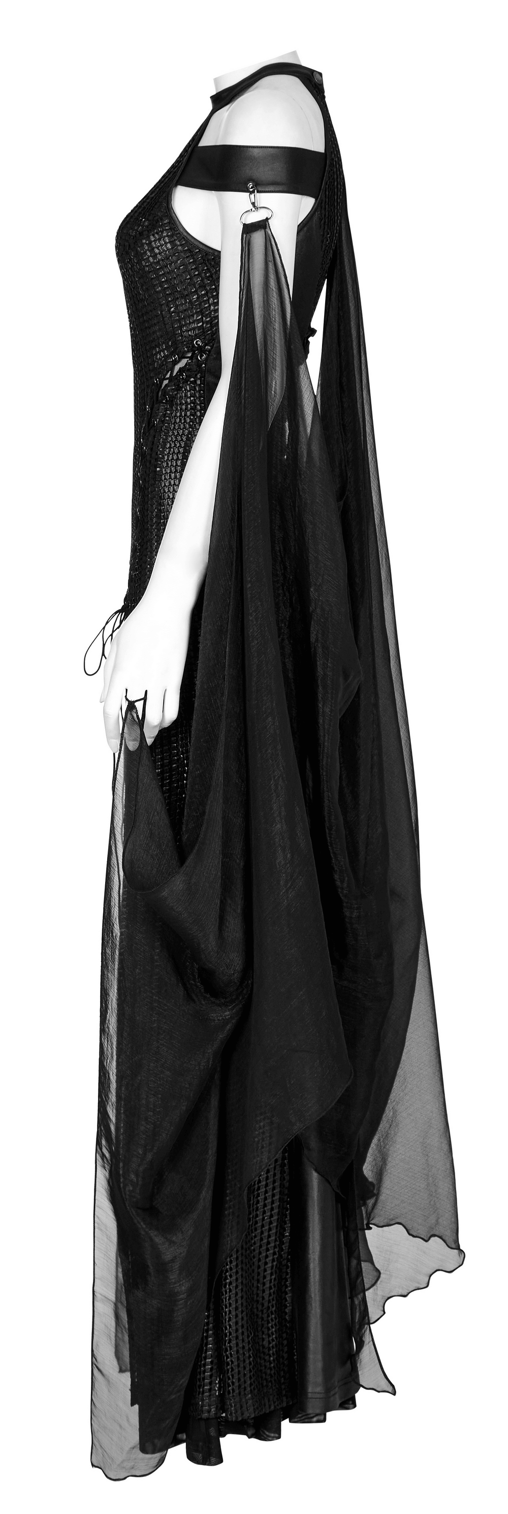 Stylish Dark Enchantress Mesh Halter Gown with flowing chiffon cloak, perfect for gothic and fairy-tale themes.