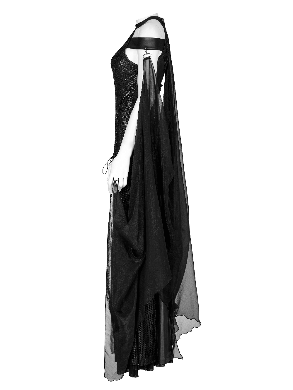 Stylish Dark Enchantress Mesh Halter Gown with flowing chiffon cloak, perfect for gothic and fairy-tale themes.