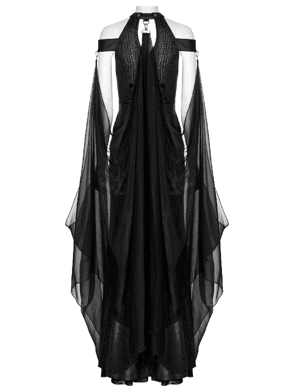 Dark Enchantress Mesh Halter Gown with Cloak, showcasing gothic elegance and mystical allure in flowing black chiffon.