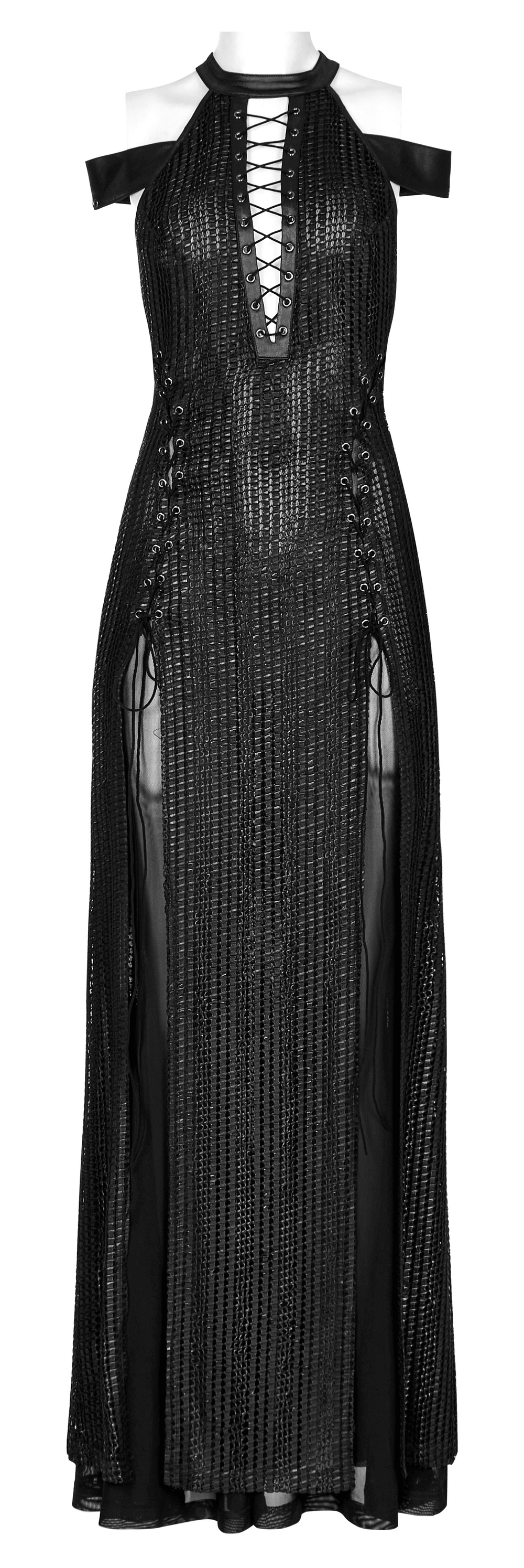 Dark Enchantress Mesh Halter Gown with Cloak featuring a seductive deep V and high leg slit for a gothic fairy-tale look.