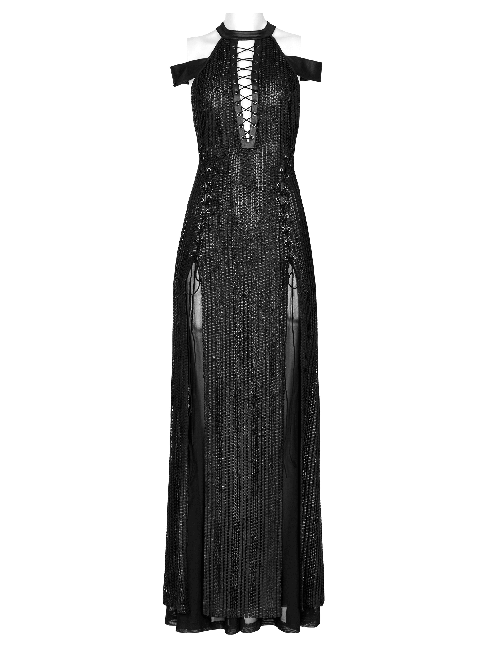 Dark Enchantress Mesh Halter Gown with Cloak featuring a seductive deep V and high leg slit for a gothic fairy-tale look.