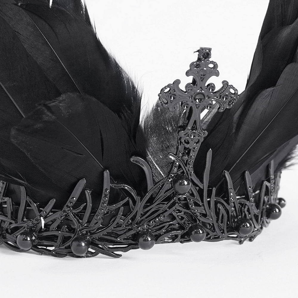 Dark Fantasy women's feathered gothic crown with intricate metal detailing and lush black feathers.