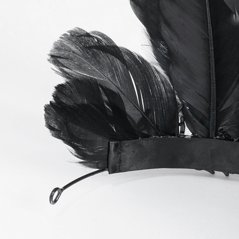Black feathered crown accessory for women, perfect for gothic and fantasy looks.
