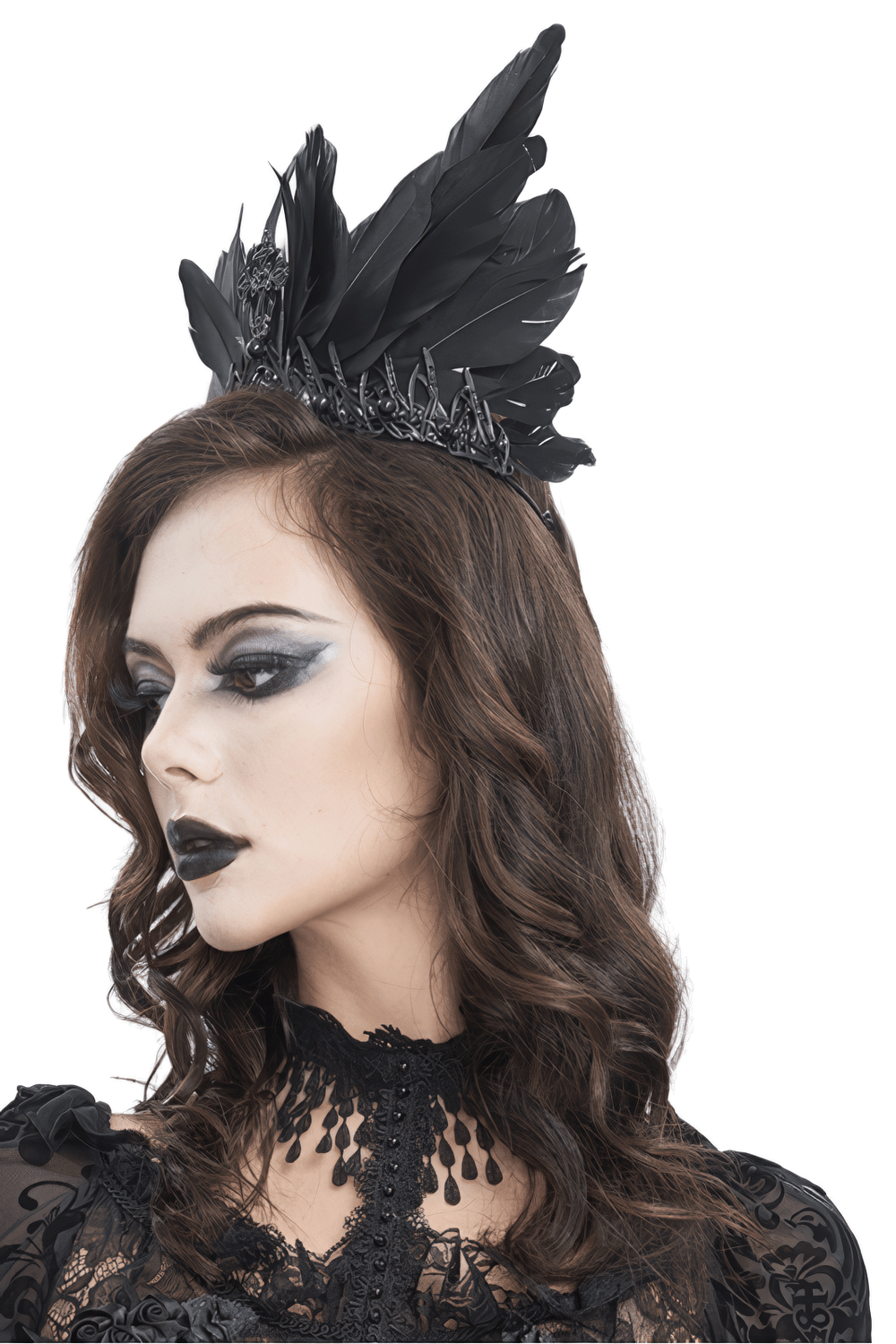 Dark Fantasy women's feathered crown accessory in black, perfect for gothic outfits and cosplay, with intricate detailing.