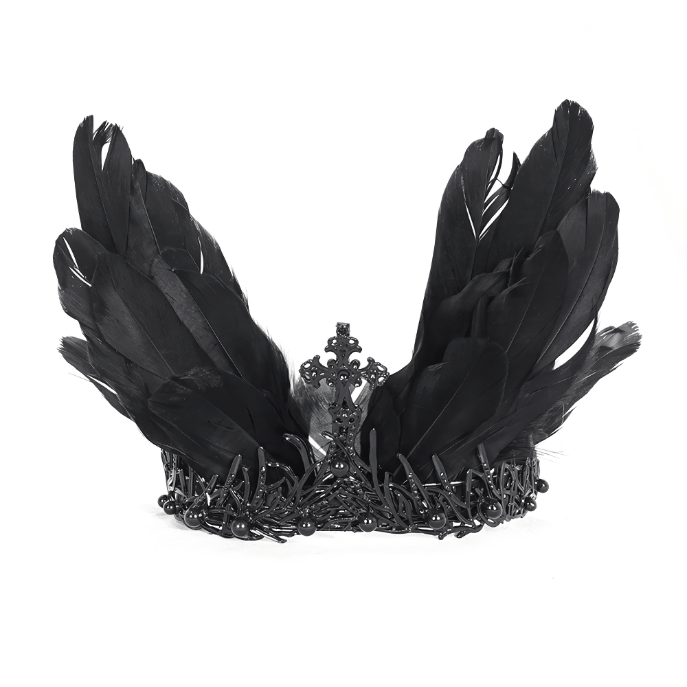 Dark Fantasy Women's Feathered Crown - Black Gothic Style Accessory with Intricate Metal Detailing and Feathers