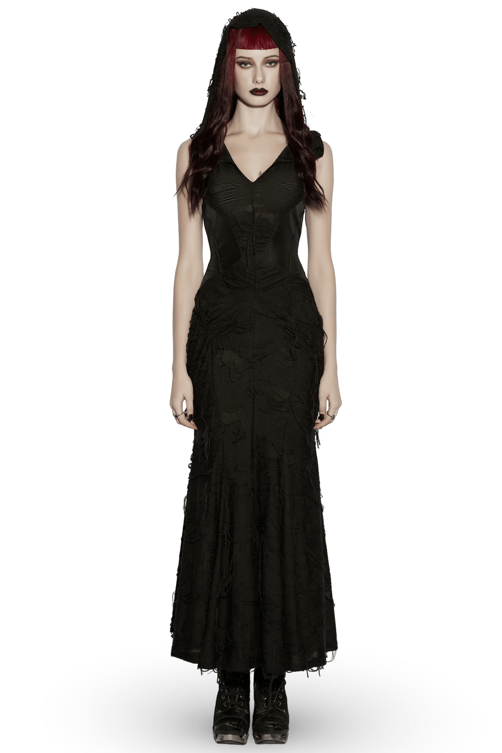 Alt Tag: Dark Fashion Hooded Gothic Fishtail Sleeveless Dress black hooded mermaid-hem gown with textured fringe, dramatic floor-length silhouette