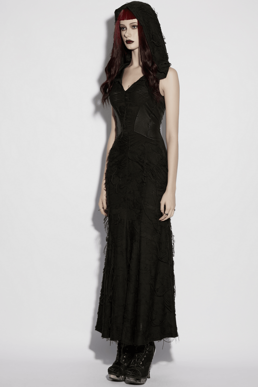 Alt Tag: Dark Fashion Hooded Gothic Fishtail Sleeveless Dress in black, hooded mermaid hem maxi goth gown with textured fringe and glossy waist panel