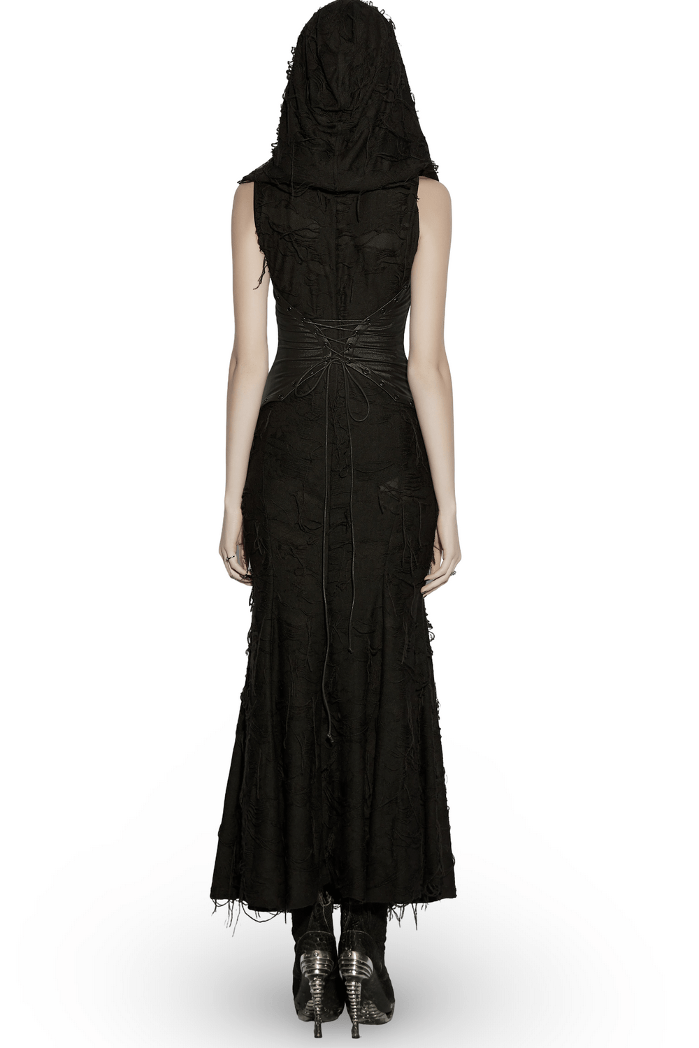 Alt Tag: Dark Fashion Hooded Gothic Fishtail Sleeveless Dress back view, black hooded mermaid hem gown with distressed fringe texture