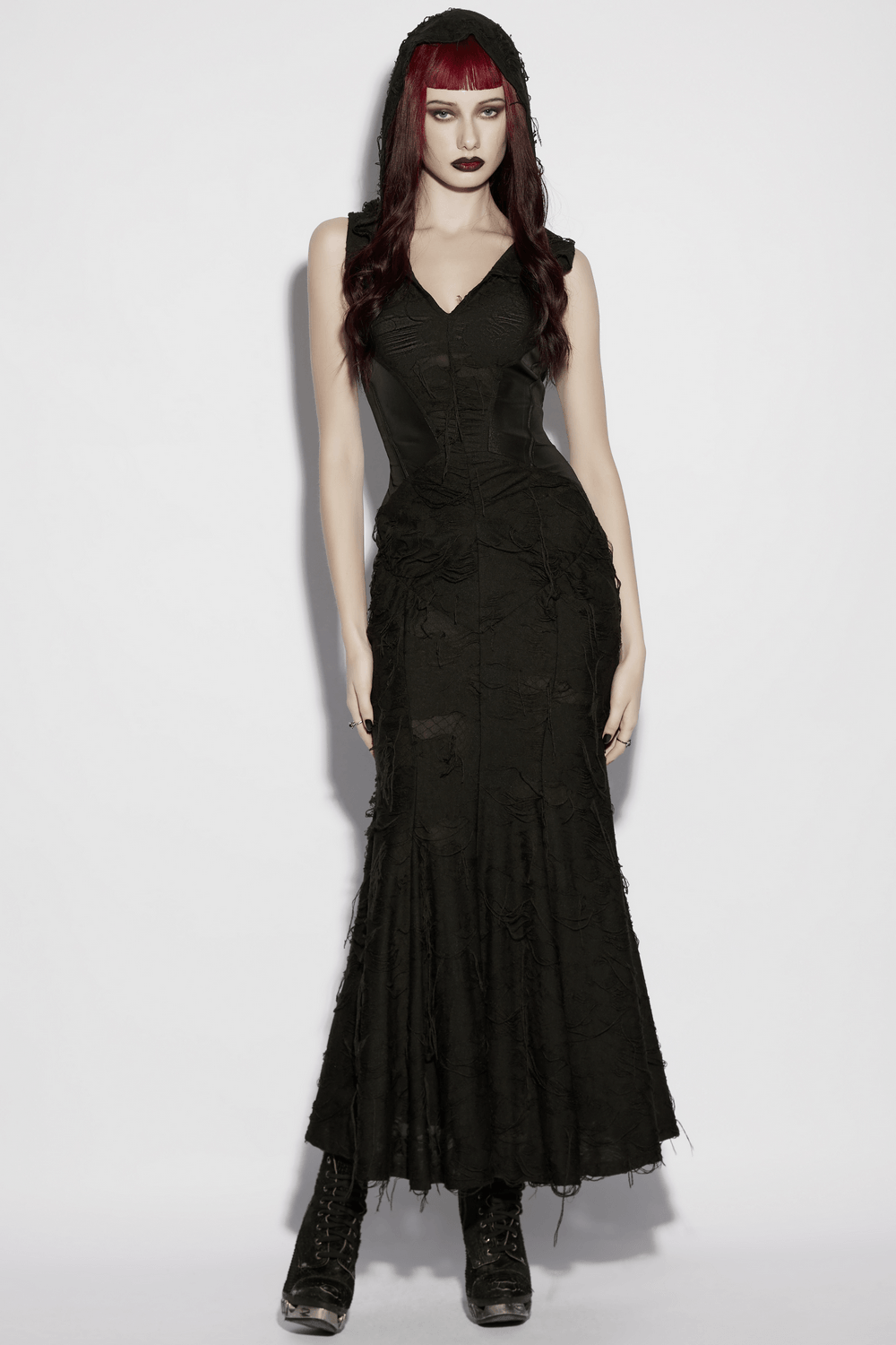 Alt Tag: Dark Fashion Hooded Gothic Fishtail Sleeveless Dress on model, black hooded mermaid-hem maxi gown with textured fringe and dramatic silhouette