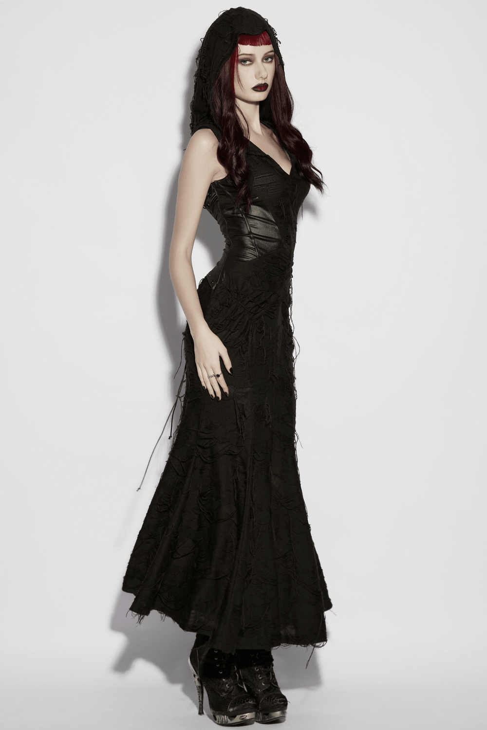 Alt Tag: Dark Fashion Hooded Gothic Fishtail Sleeveless Dress on model, black hooded mermaid-hem goth gown with glossy waist panel and floor-length drama