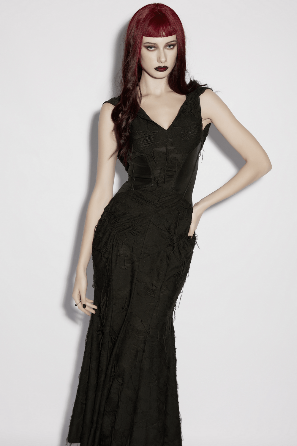 Dark Fashion Hooded Gothic Fishtail Sleeveless Dress black gothic mermaid hem maxi dress, sleeveless fitted bodice, dramatic floor-length skirt