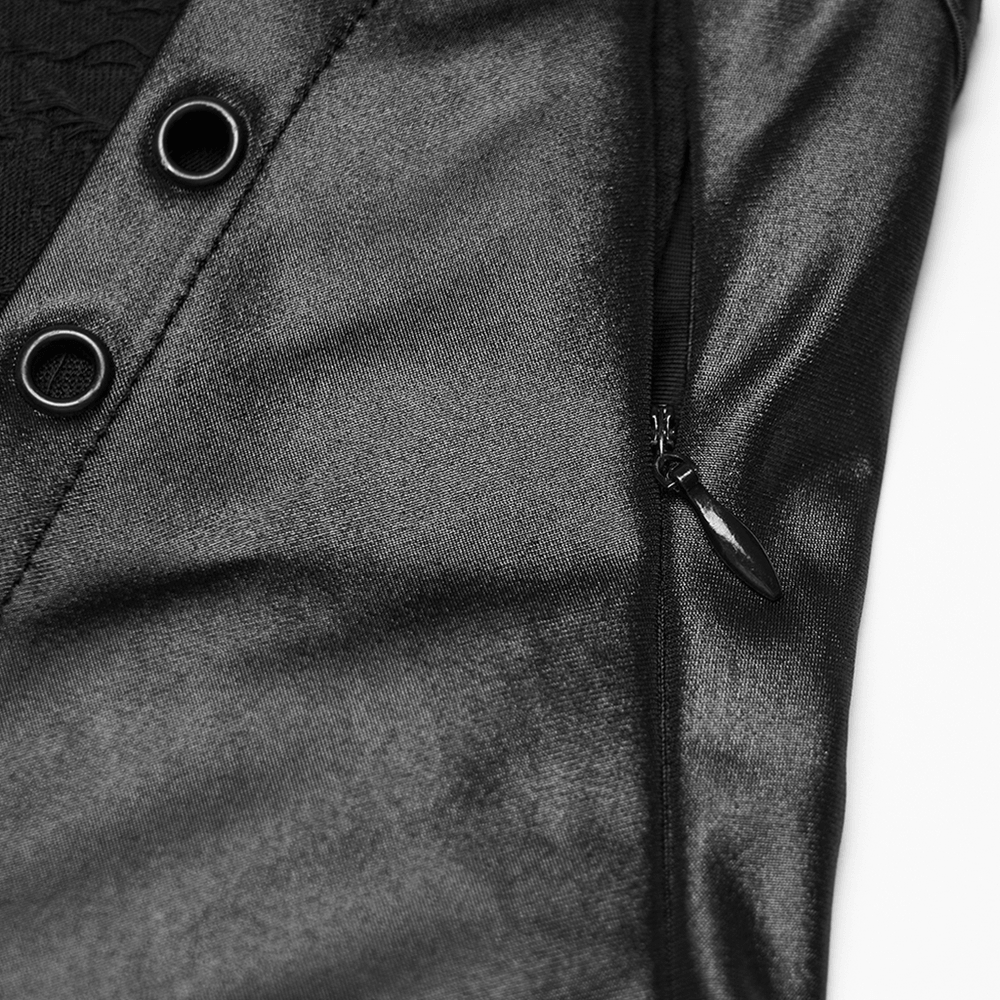 Dark Fashion Hooded Gothic Fishtail Sleeveless Dress close-up of black glossy fabric with grommet buttons and side zipper detail