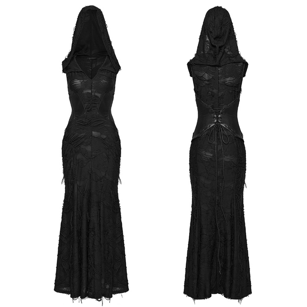 Alt Tag: Dark Fashion Hooded Gothic Fishtail Sleeveless Dress in black, front and back view, mermaid hem, textured fringe, glossy waist panel