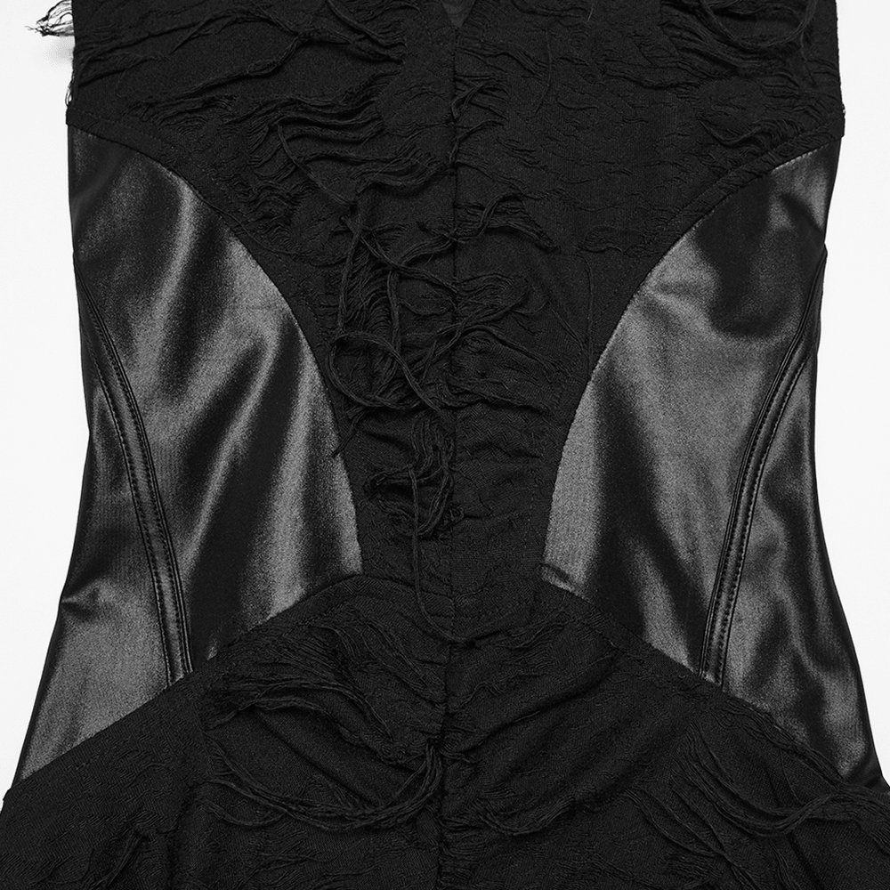 Alt Tag: Dark Fashion Hooded Gothic Fishtail Sleeveless Dress close-up, black textured fringe bodice with glossy waist panel for a sharp goth silhouette
