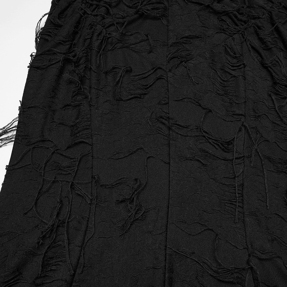 Alt Tag: Dark Fashion Hooded Gothic Fishtail Sleeveless Dress close-up of black textured fringe spliced knit fabric with distressed gothic finish