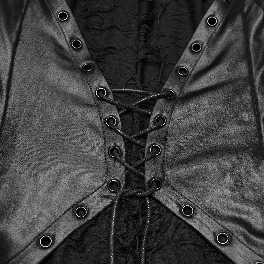 Alt Tag: Dark Fashion Hooded Gothic Fishtail Sleeveless Dress close-up of black corset-style lace-up waist panel with metal grommets