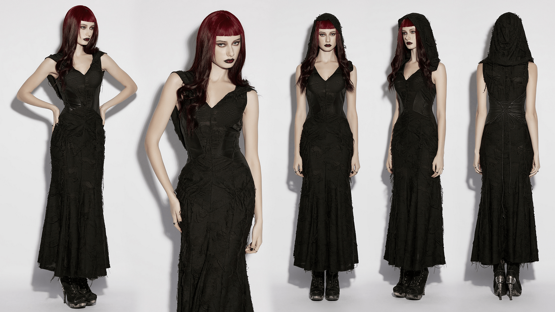 Alt Tag: Dark Fashion Hooded Gothic Fishtail Sleeveless Dress black mermaid hem goth maxi with hooded look, front side and back views