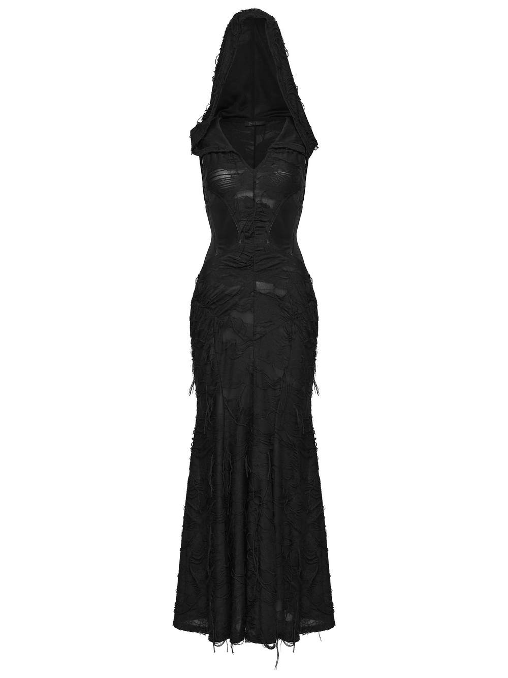 Alt Tag: Dark Fashion Hooded Gothic Fishtail Sleeveless Dress in black with mermaid hem and textured fringe, front view