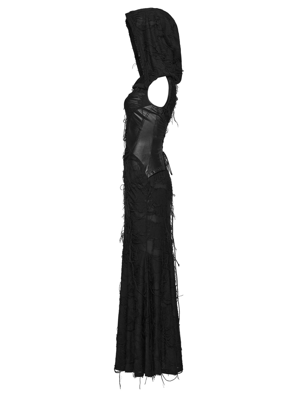 Alt Tag: Dark Fashion Hooded Gothic Fishtail Sleeveless Dress side view, black spliced knit with fringe texture, glossy waist panel, floor-length mermaid hem