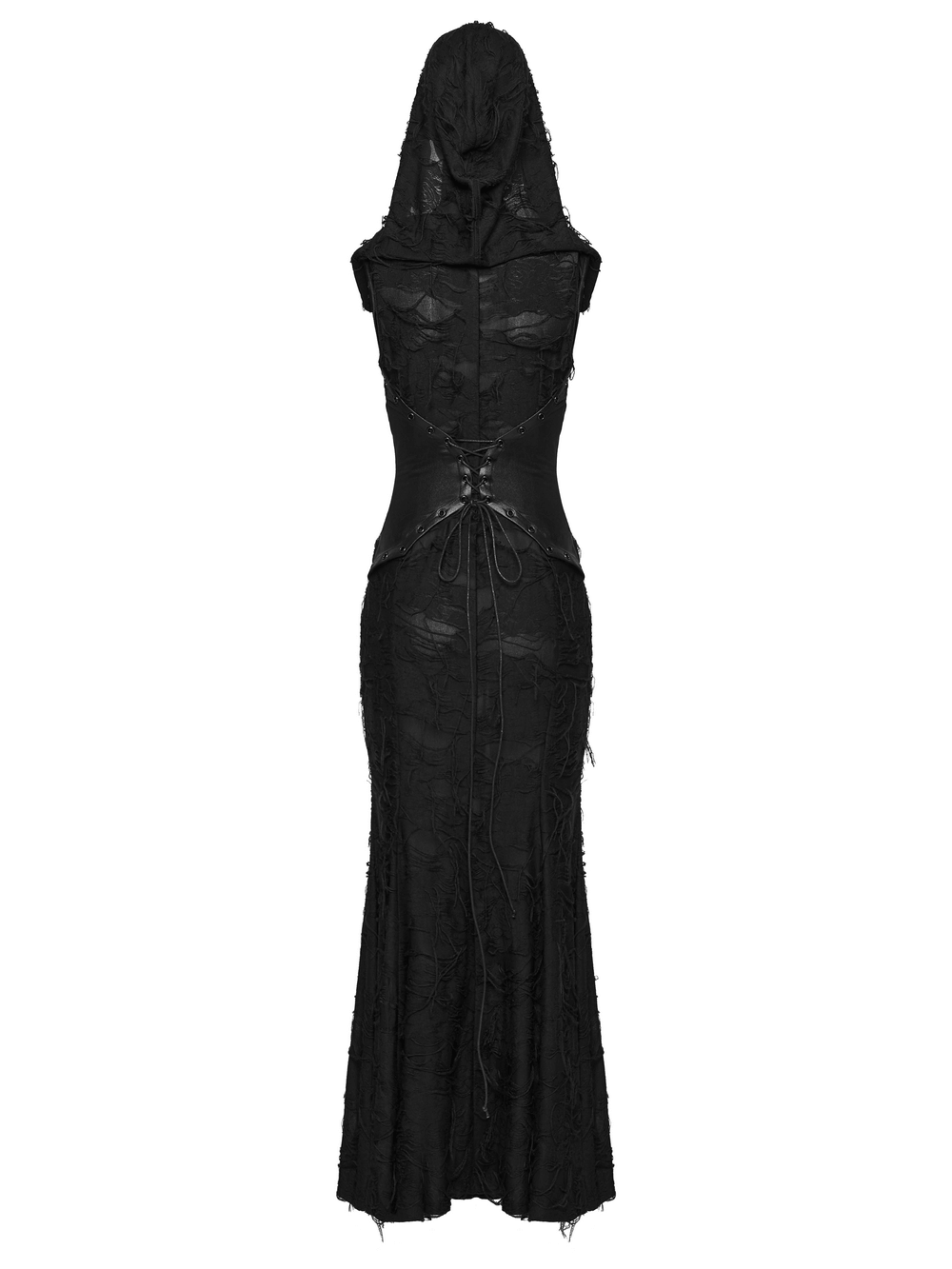 Alt Tag: Dark Fashion Hooded Gothic Fishtail Sleeveless Dress black distressed hooded mermaid hem gown with fringe texture and corset waist