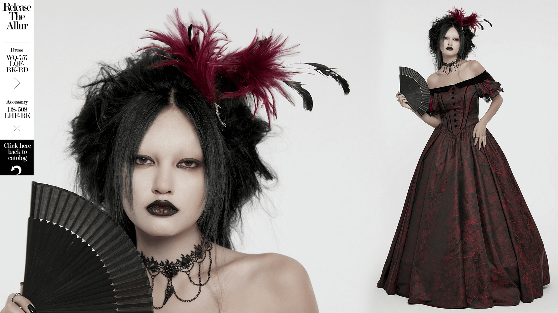 Gothic model in dramatic black and red dress, sporting dark feather hair accessory and holding a fan.