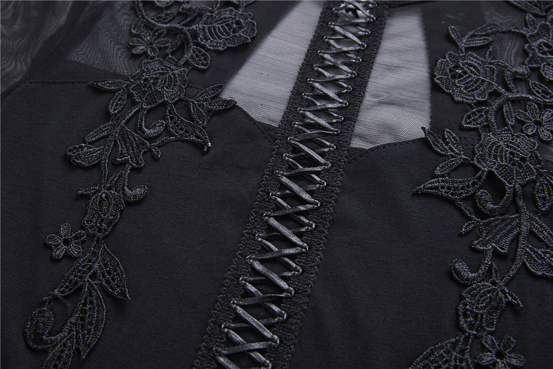 Dark Floral Embroidered Mesh Dress with V-Neck