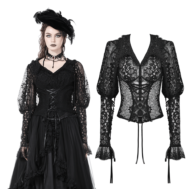 Dark Floral Lace Top Bell Sleeves Goth Romantic Blouse