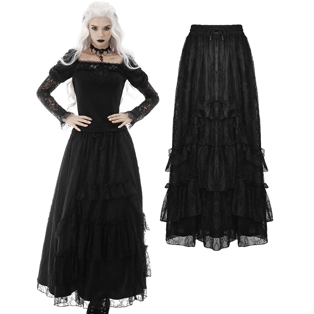 Dark floral patterned mesh maxi skirt with lace overlay, perfect for Victorian goth style looks.