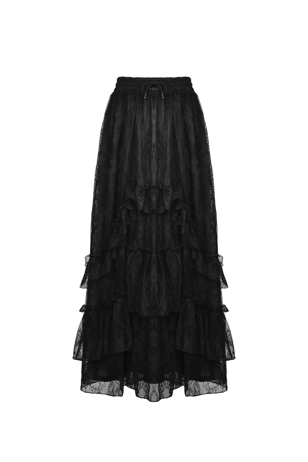 Elegant black lace maxi skirt with tiered ruffles and flowing mesh overlay, perfect for gothic and Victorian style enthusiasts.