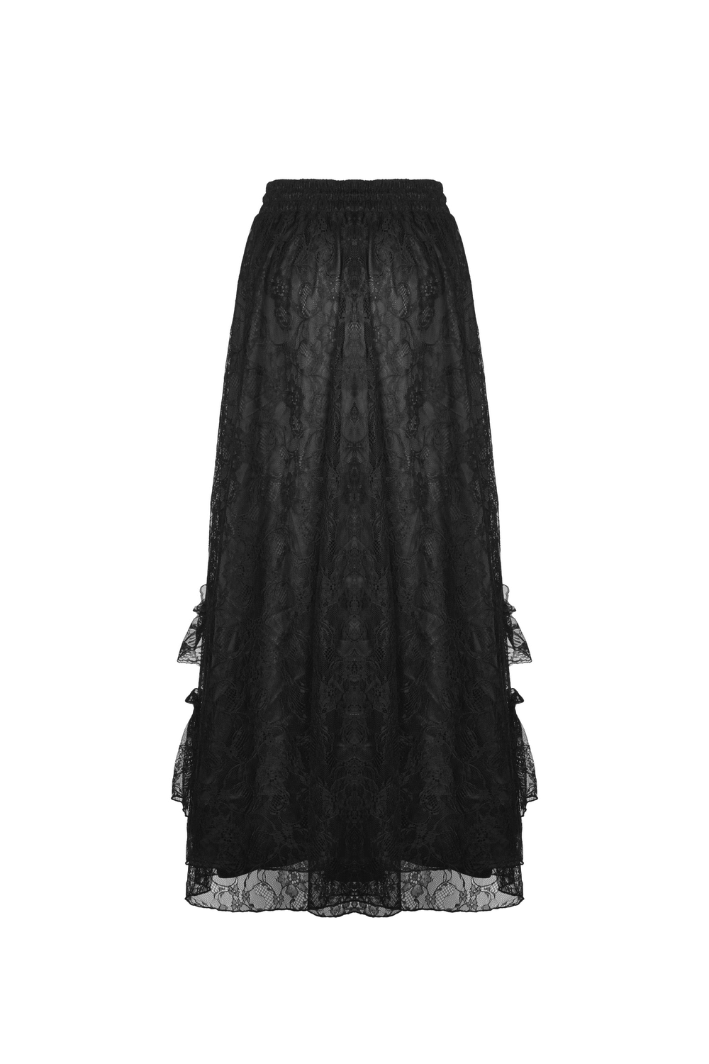 Dark Floral Patterned Mesh Maxi Skirt with Lace Overlay