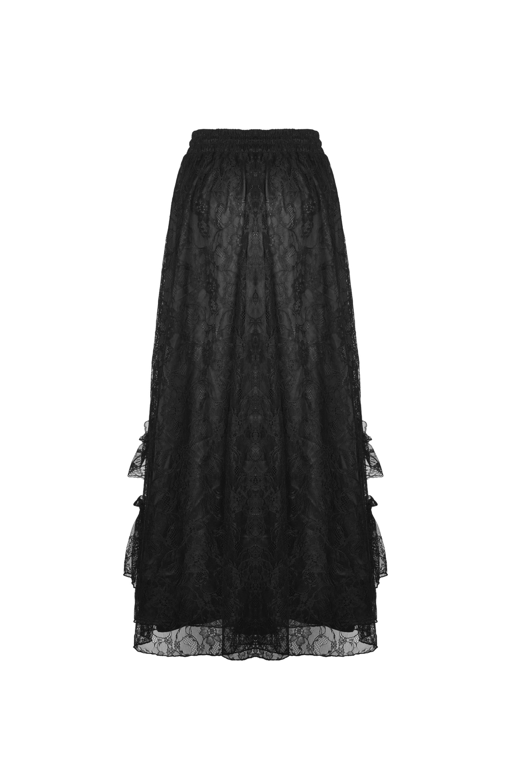 Dark floral patterned mesh maxi skirt with lace overlay in black, showcasing Victorian goth elegance and tiered detailing.